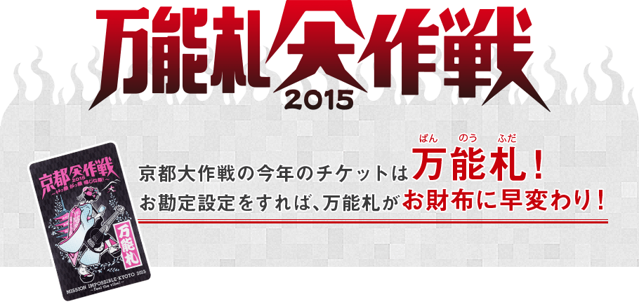 万能札大作戦2015 京都大作戦の今年のチケットは万能札！お勘定設定をすれば、万能札がお財布に早変わり！
