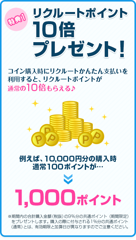 特典1 リクルートポイント10倍プレゼント！　コイン購入時にリクルートかんたん支払いを利用すると、リクルートポイントが通常の10倍もらえる♪　例えば、10,000円分の購入時 通常100ポイントが…1,000ポイント