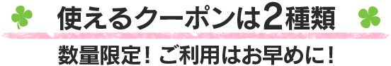 使えるクーポンは2種類 数量限定! ご利用はお早めに!