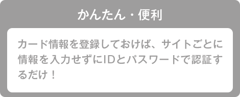 かんたん・便利 カード情報を登録しておけば、サイトごとに情報を入力せずにIDとパスワードで認証するだけ！