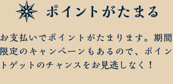 ポイントがたまる お支払いでポイントがたまります。期間限定のキャンペーンもあるので、ポイントゲットのチャンスをお見逃しなく！