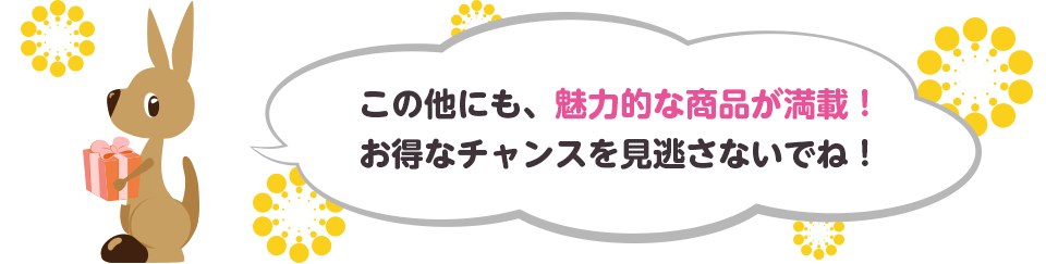 この他にも、魅力的な商品が満載!お得なチャンスを見逃さないでね!