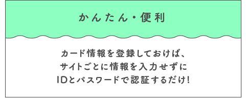 かんたん・便利 カード情報を登録しておけば、サイトごとに情報を入力せずにIDとパスワードで認証するだけ!